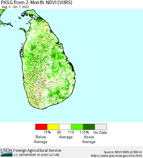 Sri Lanka PASG from 2-Month NDVI (VIIRS) Thematic Map For 10/1/2022 - 10/10/2022