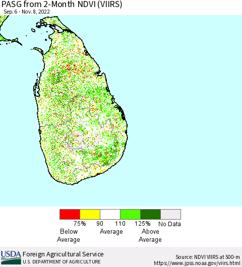 Sri Lanka PASG from 2-Month NDVI (VIIRS) Thematic Map For 11/1/2022 - 11/10/2022