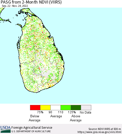 Sri Lanka PASG from 2-Month NDVI (VIIRS) Thematic Map For 11/21/2022 - 11/30/2022