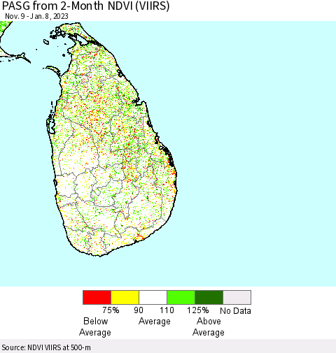 Sri Lanka PASG from 2-Month NDVI (VIIRS) Thematic Map For 1/1/2023 - 1/8/2023