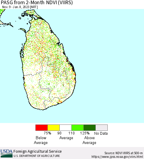 Sri Lanka PASG from 2-Month NDVI (VIIRS) Thematic Map For 1/1/2023 - 1/10/2023