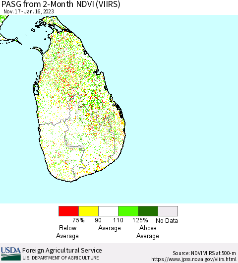 Sri Lanka PASG from 2-Month NDVI (VIIRS) Thematic Map For 1/11/2023 - 1/20/2023