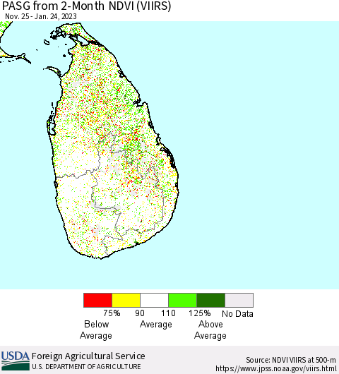 Sri Lanka PASG from 2-Month NDVI (VIIRS) Thematic Map For 1/21/2023 - 1/31/2023
