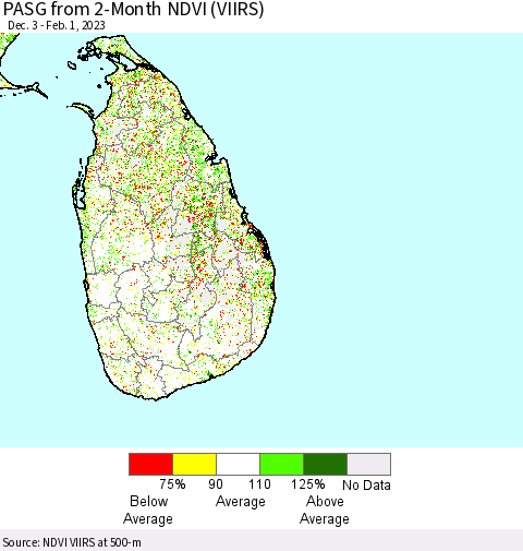 Sri Lanka PASG from 2-Month NDVI (VIIRS) Thematic Map For 1/25/2023 - 2/1/2023