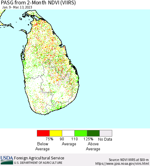 Sri Lanka PASG from 2-Month NDVI (VIIRS) Thematic Map For 3/11/2023 - 3/20/2023