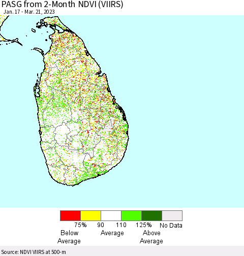 Sri Lanka PASG from 2-Month NDVI (VIIRS) Thematic Map For 3/14/2023 - 3/21/2023