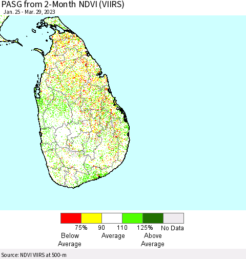 Sri Lanka PASG from 2-Month NDVI (VIIRS) Thematic Map For 3/22/2023 - 3/29/2023