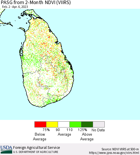 Sri Lanka PASG from 2-Month NDVI (VIIRS) Thematic Map For 4/1/2023 - 4/10/2023
