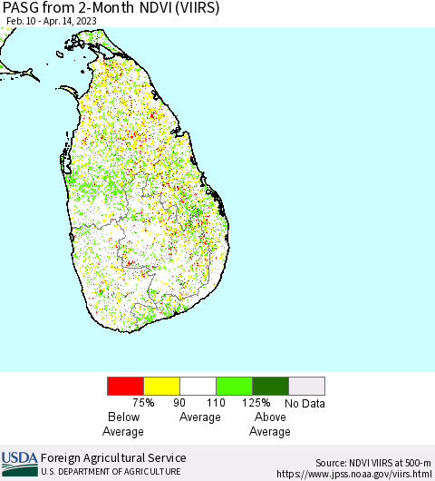 Sri Lanka PASG from 2-Month NDVI (VIIRS) Thematic Map For 4/11/2023 - 4/20/2023
