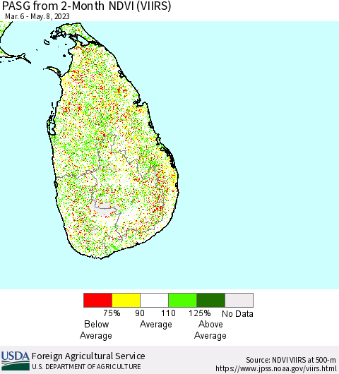 Sri Lanka PASG from 2-Month NDVI (VIIRS) Thematic Map For 5/1/2023 - 5/10/2023