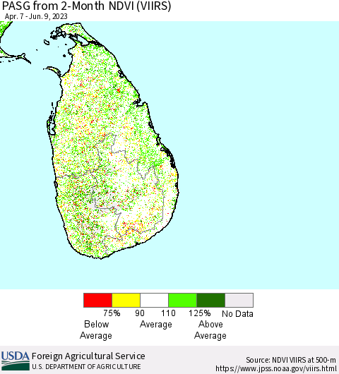 Sri Lanka PASG from 2-Month NDVI (VIIRS) Thematic Map For 6/1/2023 - 6/10/2023