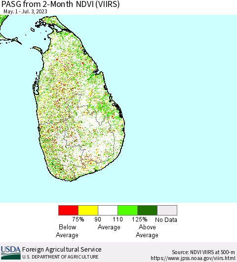 Sri Lanka PASG from 2-Month NDVI (VIIRS) Thematic Map For 7/1/2023 - 7/10/2023