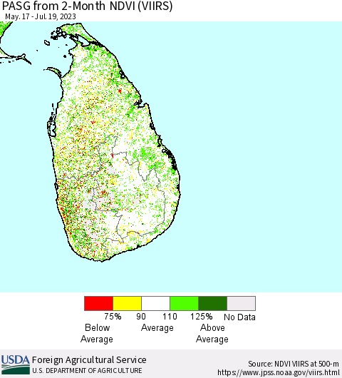 Sri Lanka PASG from 2-Month NDVI (VIIRS) Thematic Map For 7/11/2023 - 7/20/2023