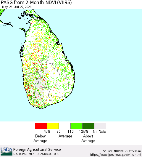 Sri Lanka PASG from 2-Month NDVI (VIIRS) Thematic Map For 7/21/2023 - 7/31/2023
