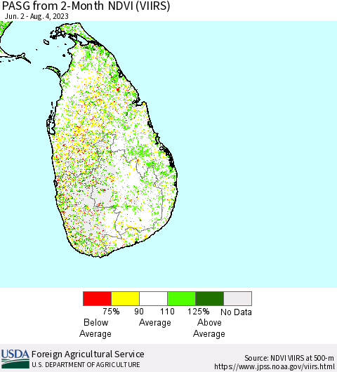 Sri Lanka PASG from 2-Month NDVI (VIIRS) Thematic Map For 8/1/2023 - 8/10/2023