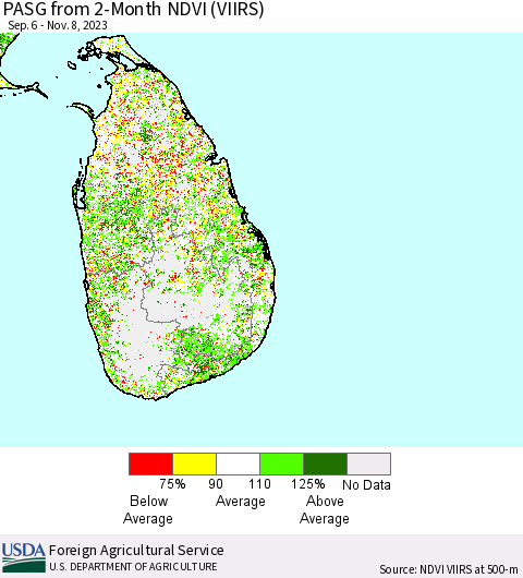 Sri Lanka PASG from 2-Month NDVI (VIIRS) Thematic Map For 11/1/2023 - 11/10/2023
