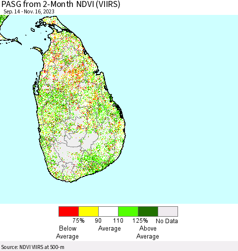 Sri Lanka PASG from 2-Month NDVI (VIIRS) Thematic Map For 11/9/2023 - 11/16/2023
