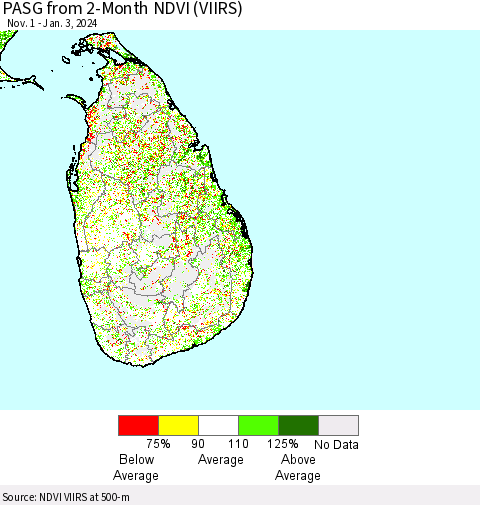 Sri Lanka PASG from 2-Month NDVI (VIIRS) Thematic Map For 12/27/2023 - 1/3/2024
