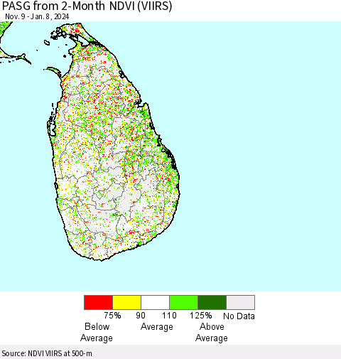 Sri Lanka PASG from 2-Month NDVI (VIIRS) Thematic Map For 1/1/2024 - 1/8/2024