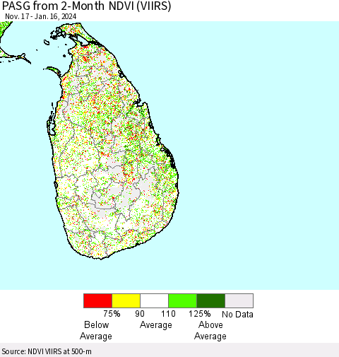 Sri Lanka PASG from 2-Month NDVI (VIIRS) Thematic Map For 1/9/2024 - 1/16/2024