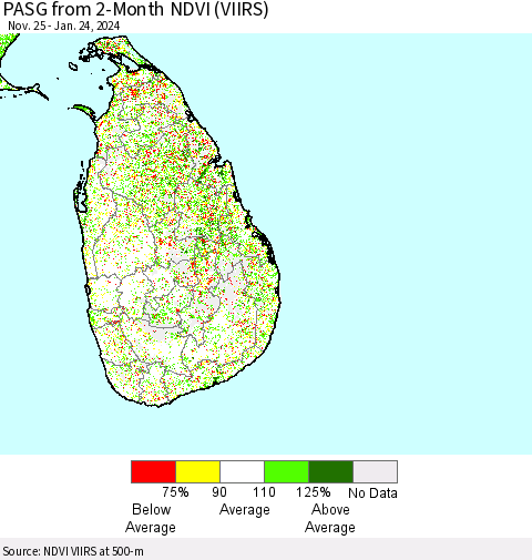 Sri Lanka PASG from 2-Month NDVI (VIIRS) Thematic Map For 1/17/2024 - 1/24/2024