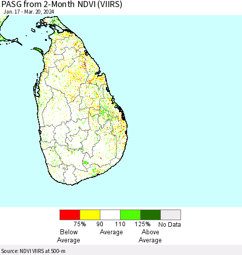 Sri Lanka PASG from 2-Month NDVI (VIIRS) Thematic Map For 3/13/2024 - 3/20/2024