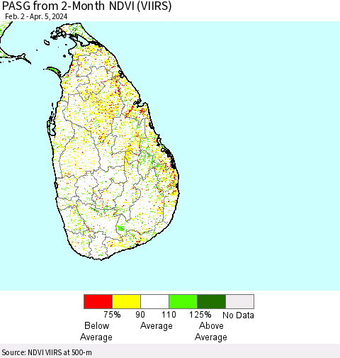 Sri Lanka PASG from 2-Month NDVI (VIIRS) Thematic Map For 3/29/2024 - 4/5/2024