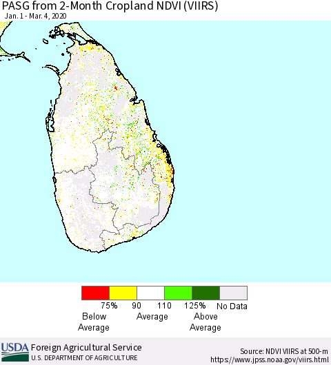 Sri Lanka PASG from 2-Month Cropland NDVI (VIIRS) Thematic Map For 3/1/2020 - 3/10/2020