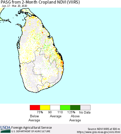 Sri Lanka PASG from 2-Month Cropland NDVI (VIIRS) Thematic Map For 3/11/2020 - 3/20/2020