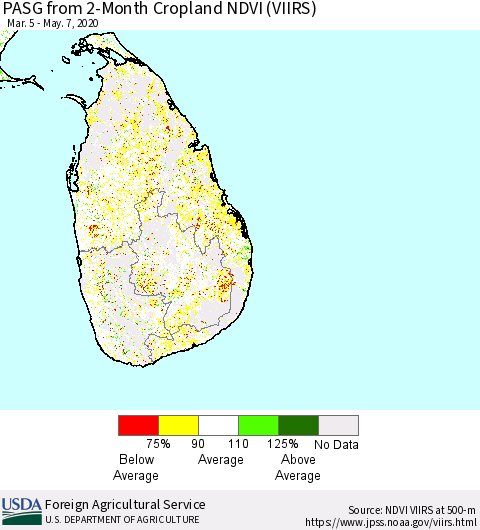 Sri Lanka PASG from 2-Month Cropland NDVI (VIIRS) Thematic Map For 5/1/2020 - 5/10/2020
