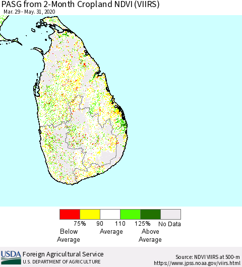 Sri Lanka PASG from 2-Month Cropland NDVI (VIIRS) Thematic Map For 5/21/2020 - 5/31/2020