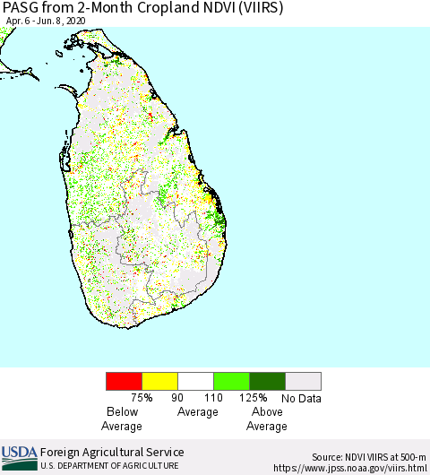 Sri Lanka PASG from 2-Month Cropland NDVI (VIIRS) Thematic Map For 6/1/2020 - 6/10/2020