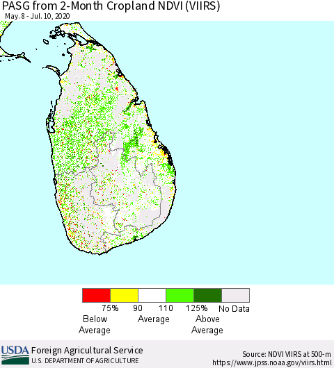 Sri Lanka PASG from 2-Month Cropland NDVI (VIIRS) Thematic Map For 7/1/2020 - 7/10/2020