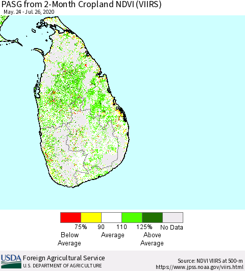 Sri Lanka PASG from 2-Month Cropland NDVI (VIIRS) Thematic Map For 7/21/2020 - 7/31/2020