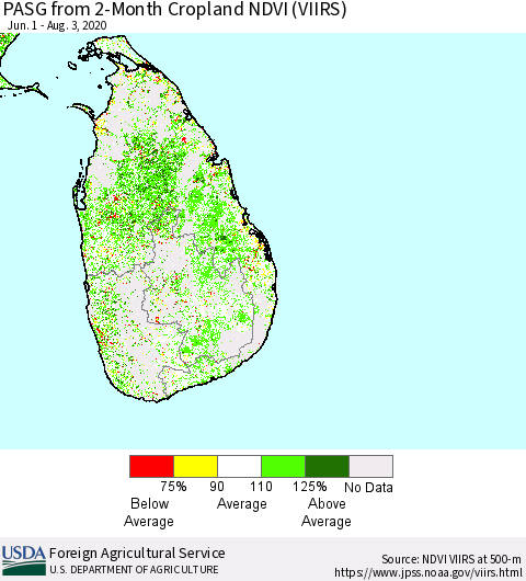 Sri Lanka PASG from 2-Month Cropland NDVI (VIIRS) Thematic Map For 8/1/2020 - 8/10/2020