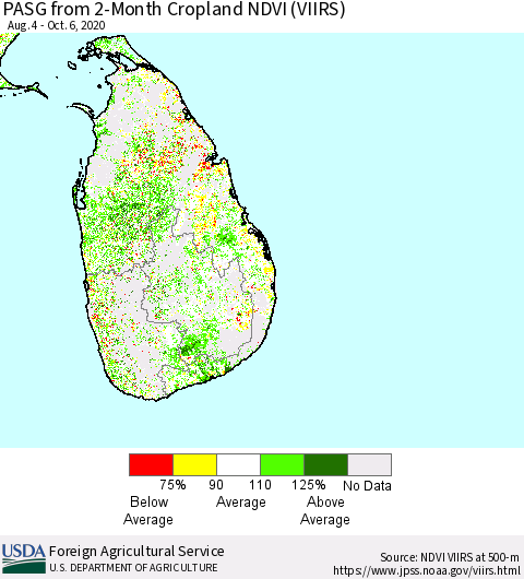 Sri Lanka PASG from 2-Month Cropland NDVI (VIIRS) Thematic Map For 10/1/2020 - 10/10/2020