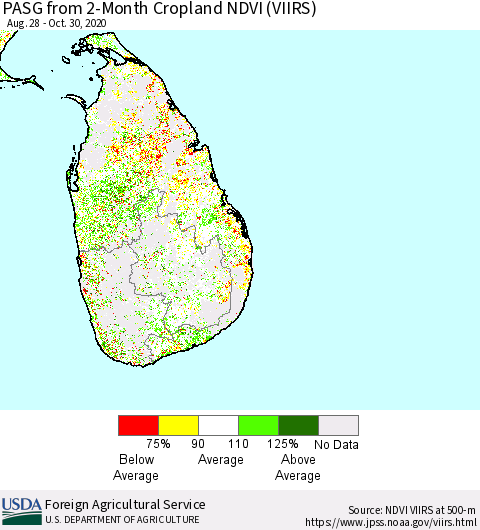 Sri Lanka PASG from 2-Month Cropland NDVI (VIIRS) Thematic Map For 10/21/2020 - 10/31/2020