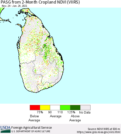 Sri Lanka PASG from 2-Month Cropland NDVI (VIIRS) Thematic Map For 1/21/2021 - 1/31/2021