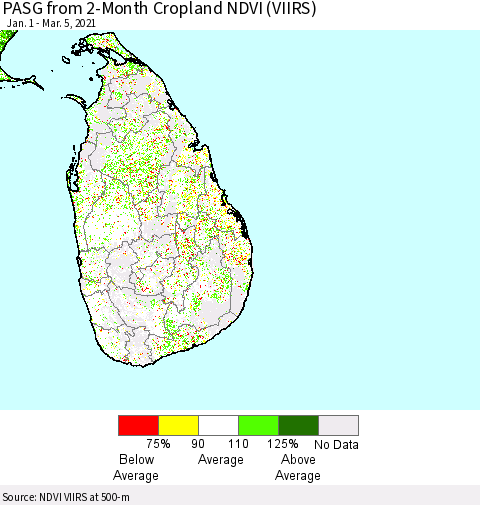 Sri Lanka PASG from 2-Month Cropland NDVI (VIIRS) Thematic Map For 2/26/2021 - 3/5/2021