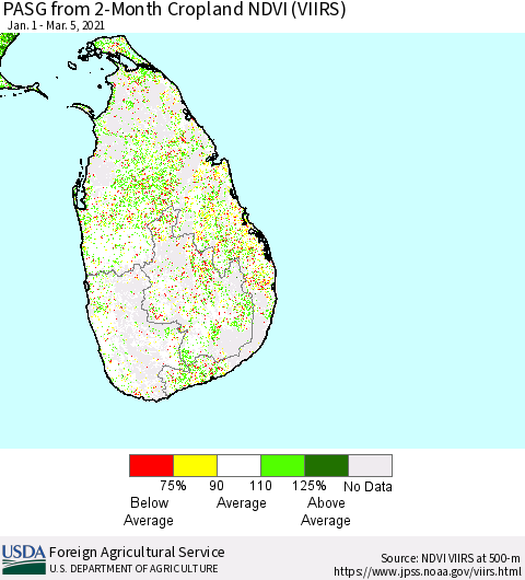 Sri Lanka PASG from 2-Month Cropland NDVI (VIIRS) Thematic Map For 3/1/2021 - 3/10/2021