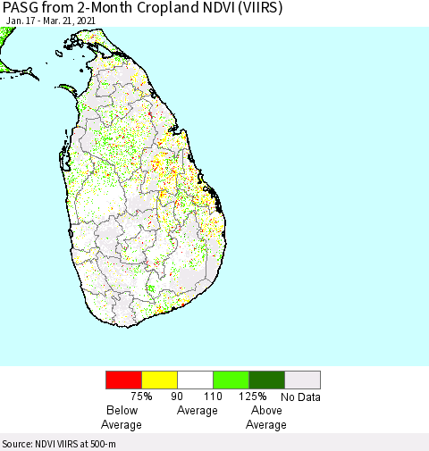 Sri Lanka PASG from 2-Month Cropland NDVI (VIIRS) Thematic Map For 3/14/2021 - 3/21/2021