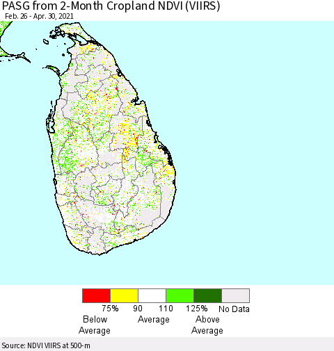 Sri Lanka PASG from 2-Month Cropland NDVI (VIIRS) Thematic Map For 4/21/2021 - 4/30/2021