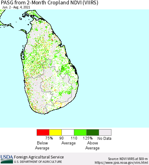 Sri Lanka PASG from 2-Month Cropland NDVI (VIIRS) Thematic Map For 8/1/2021 - 8/10/2021