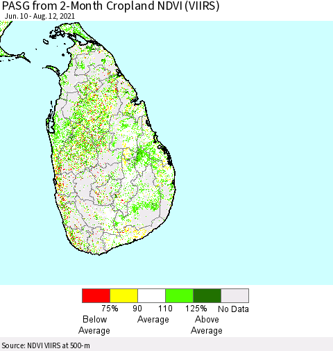 Sri Lanka PASG from 2-Month Cropland NDVI (VIIRS) Thematic Map For 8/5/2021 - 8/12/2021