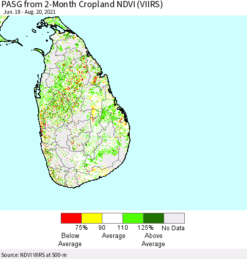 Sri Lanka PASG from 2-Month Cropland NDVI (VIIRS) Thematic Map For 8/11/2021 - 8/20/2021