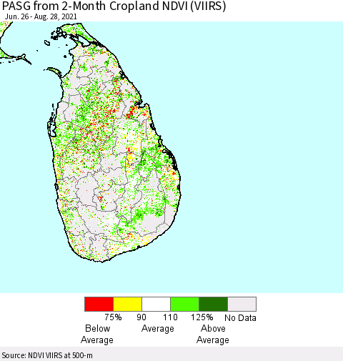 Sri Lanka PASG from 2-Month Cropland NDVI (VIIRS) Thematic Map For 8/21/2021 - 8/28/2021