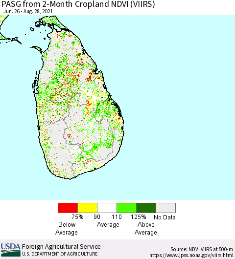 Sri Lanka PASG from 2-Month Cropland NDVI (VIIRS) Thematic Map For 8/21/2021 - 8/31/2021