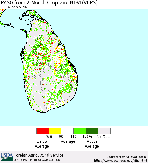 Sri Lanka PASG from 2-Month Cropland NDVI (VIIRS) Thematic Map For 9/1/2021 - 9/10/2021