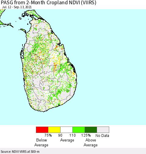 Sri Lanka PASG from 2-Month Cropland NDVI (VIIRS) Thematic Map For 9/6/2021 - 9/13/2021
