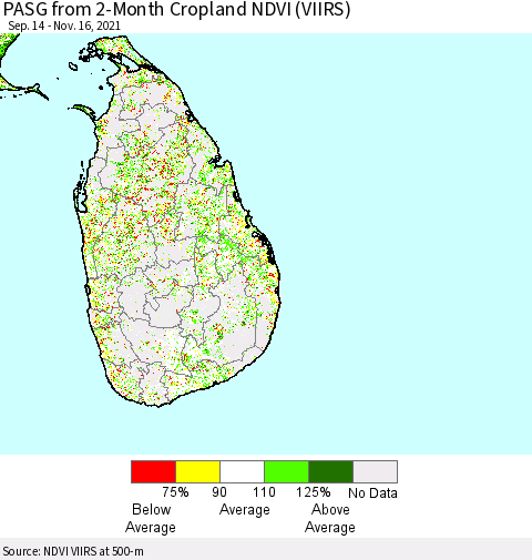 Sri Lanka PASG from 2-Month Cropland NDVI (VIIRS) Thematic Map For 11/9/2021 - 11/16/2021